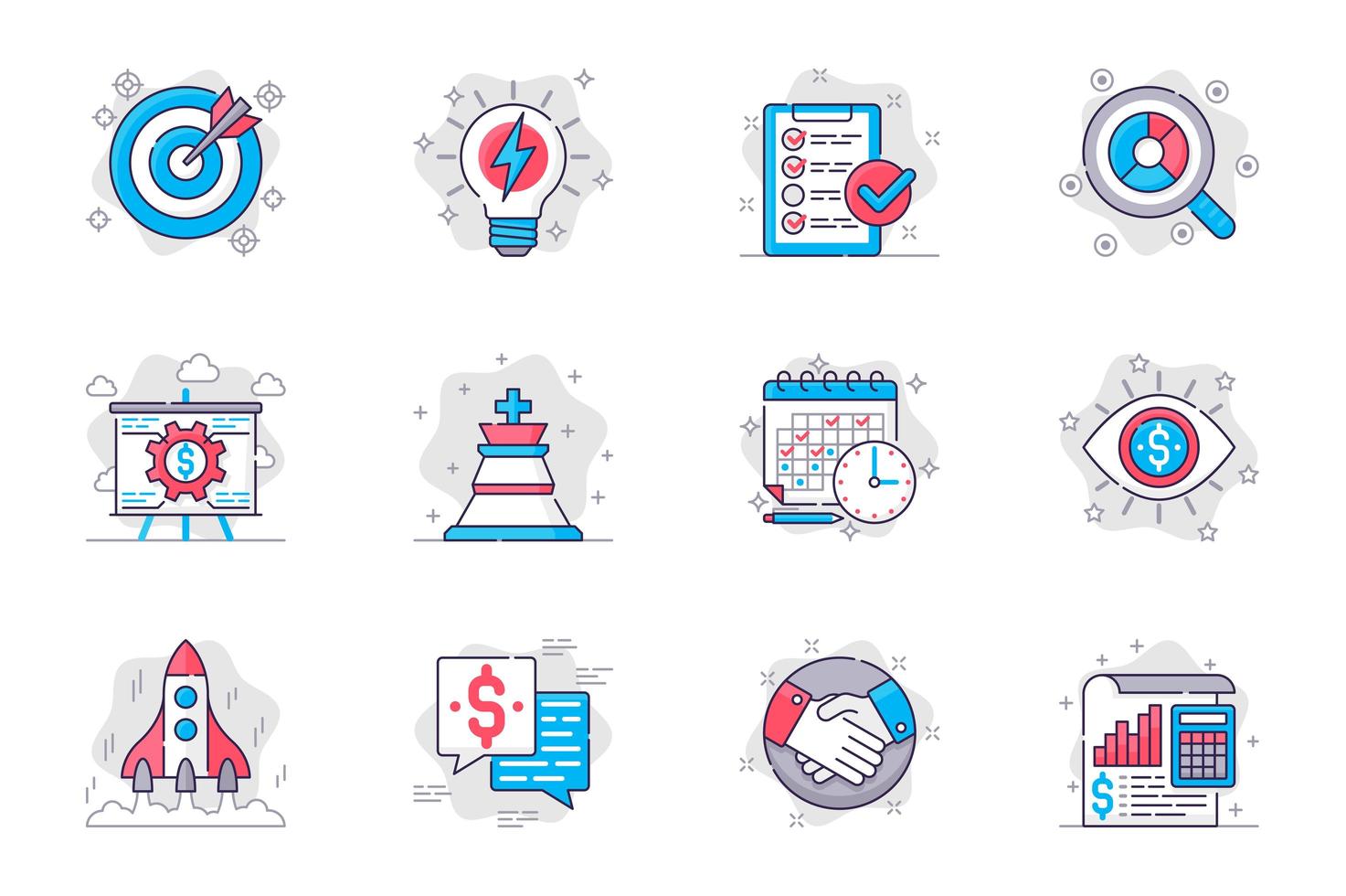 Business planning concept flat line icons set. Successful strategy and startup development. Bundle of target, idea, task, search, calendar, other. Vector conceptual pack outline symbols for mobile app