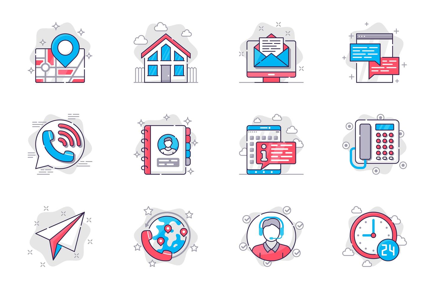 Contact us concept flat line icons set. Communication with client. Bundle of address, home, office, letter, message, chat, call, info and other. Vector conceptual pack outline symbols for mobile app
