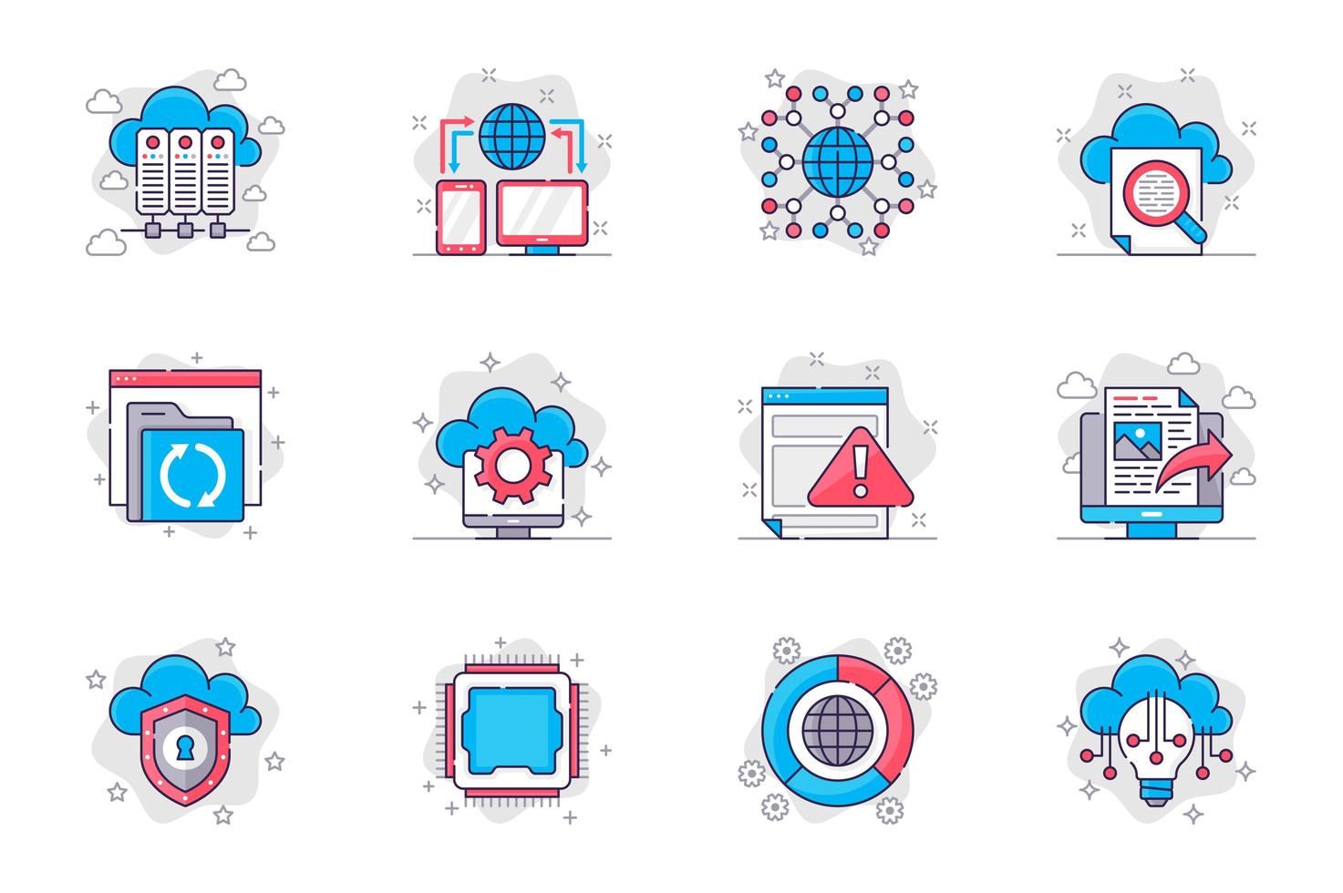 Conjunto de iconos de línea plana de concepto de tecnología de nube. servidores de bases de datos y almacenamiento en la nube. paquete de redes, global, búsqueda, configuración, seguridad, otros. símbolos de esquema de paquete conceptual vectorial para aplicaciones móviles vector