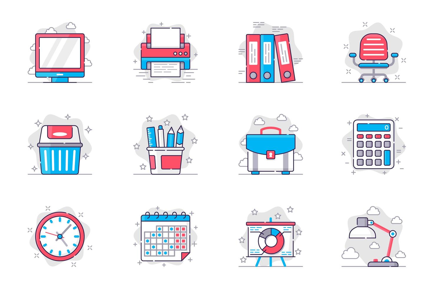 Conjunto de iconos de línea plana de concepto de suministros de oficina. gestión y organización del lugar de trabajo. paquete de computadora, carpeta, silla, maletín, calendario, otro. símbolos de esquema de paquete conceptual vectorial para aplicaciones móviles vector