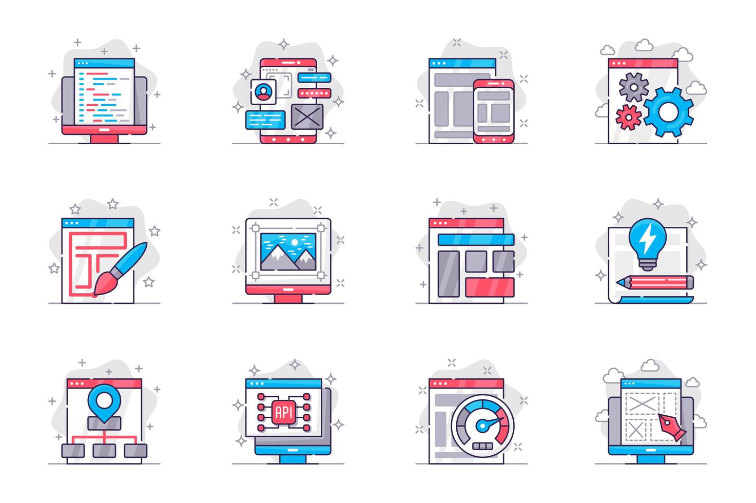 Design and development concept flat line icons set. Website creation and optimization. Bundle of code, layout, settings, structure, api, other. Vector conceptual pack outline symbols for mobile app