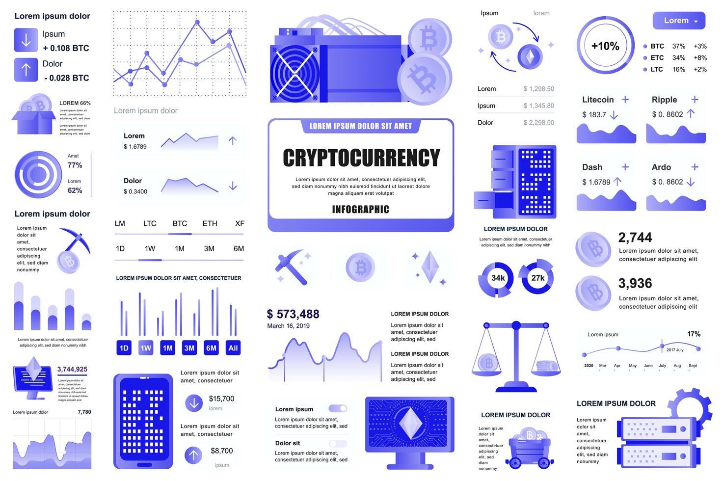 paquete de infografía de minería de criptomonedas ui, ux, elementos del kit. diferentes gráficos, diagramas, flujo de trabajo, diagrama de flujo, línea de tiempo, esquemas, plantilla de diseño de gráficos. Conjunto de infografías y gráficos de información vectorial. vector