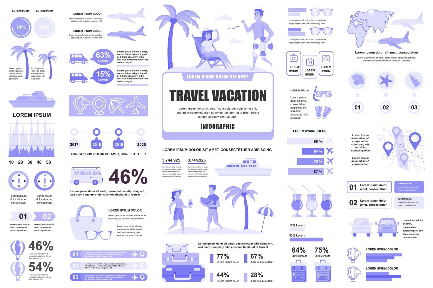 Bundle travel vacation infographic UI, UX, KIT elements. Different charts, diagrams, workflow, flowchart, timeline, schemes, graphs design template. Vector info graphic and infographics set.