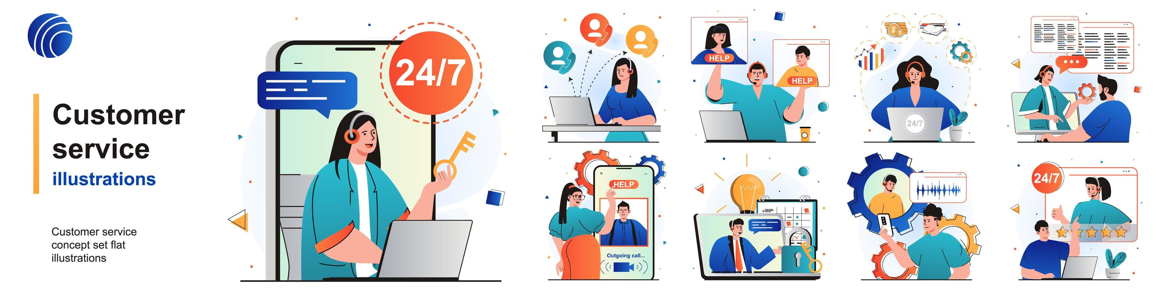 Customer service isolated set. Consultation and support, call center hotline. People collection of scenes in flat design. Vector illustration for blogging, website, mobile app, promotional materials.