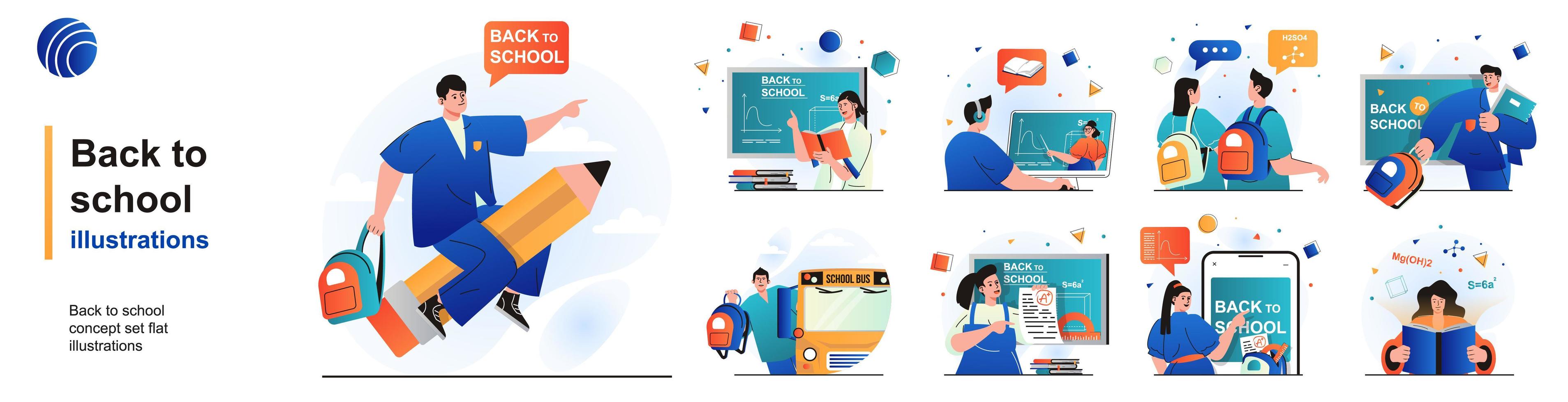 Back to school isolated set. Pupils learning in lessons, college education. People collection of scenes in flat design. Vector illustration for blogging, website, mobile app, promotional materials.