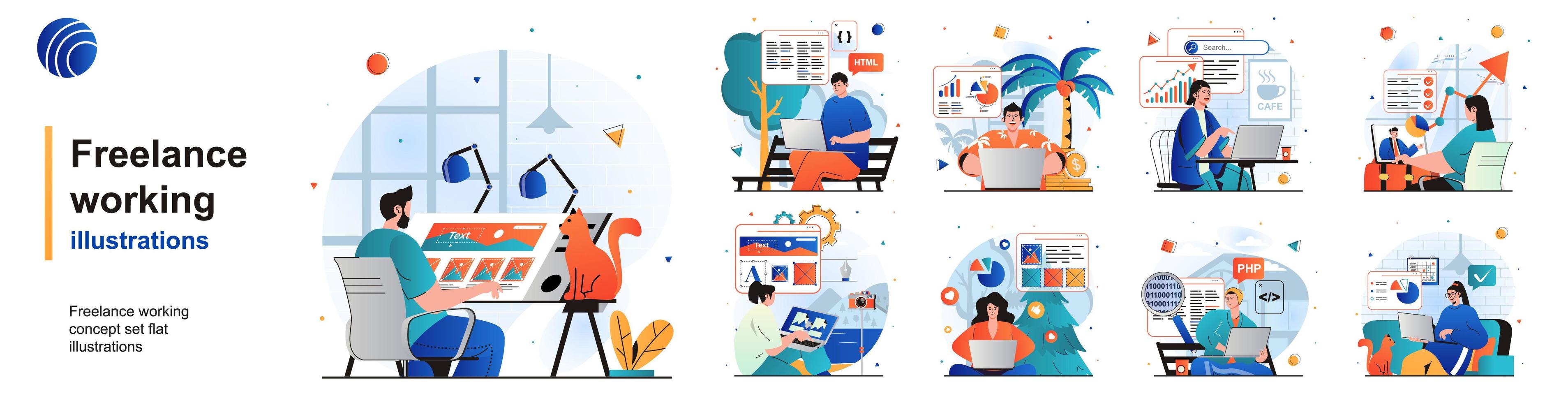 Freelance working isolated set. Remote employees with laptops in home offices. People collection of scenes in flat design. Vector illustration for blogging, website, mobile app, promotional materials.