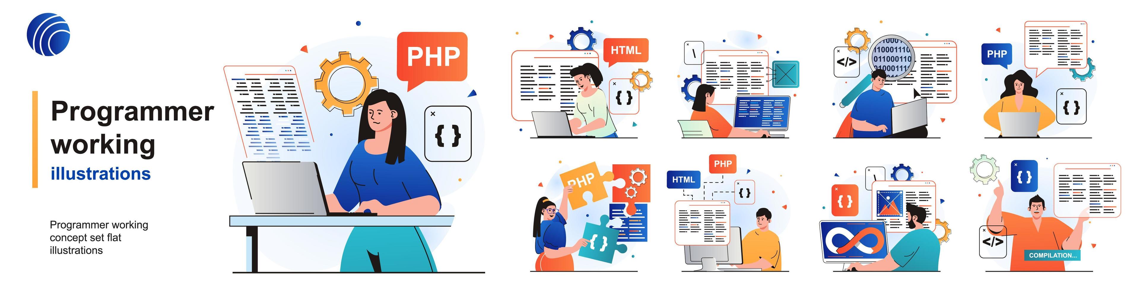 Programmer working isolated set. Devops, coding, programming software testing. People collection of scenes in flat design. Vector illustration for blogging, website, mobile app, promotional materials.