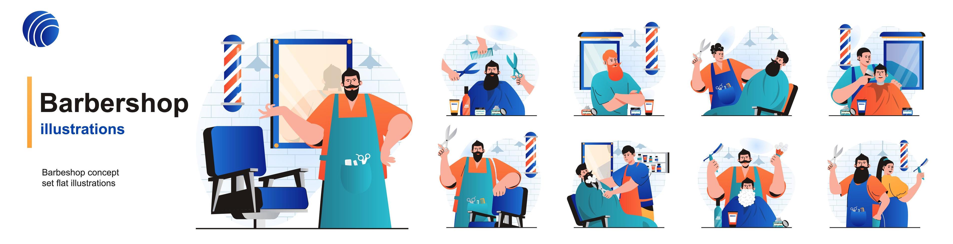 Barbershop isolated set. Hairdresser doing haircuts or shaving beard in salon. People collection of scenes in flat design. Vector illustration for blogging, website, mobile app, promotional materials.