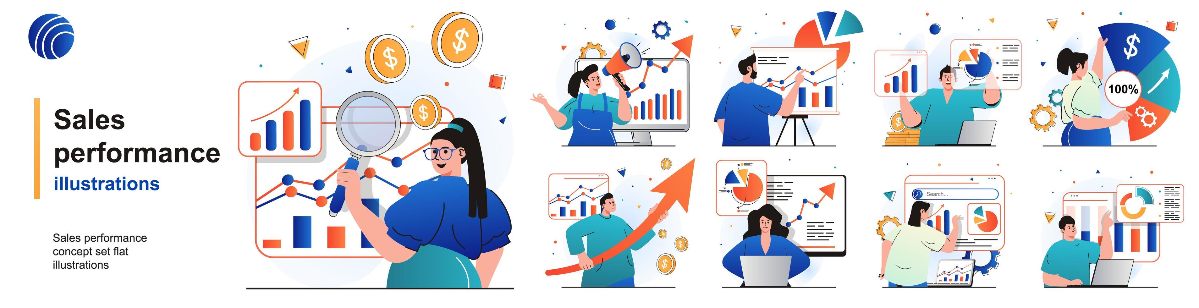 Sales performance isolated set. Financial profit growth, increase in earnings. People collection of scenes in flat design. Vector illustration for blogging, website, mobile app, promotional materials.