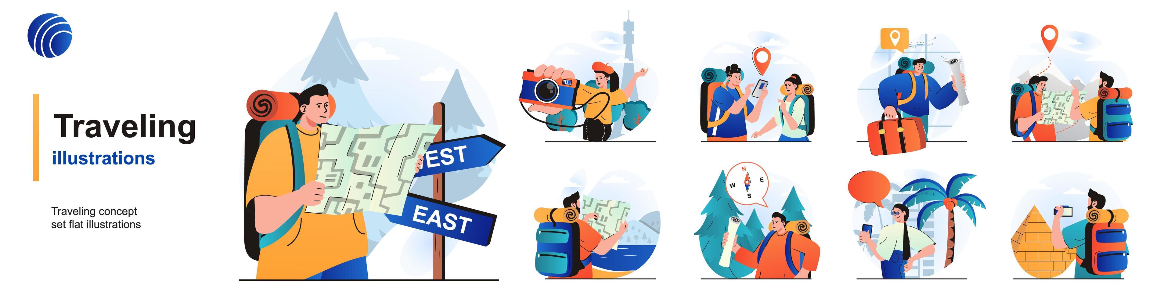 Traveling isolated set. Travelers on vacation, hiking, journey and adventure. People collection of scenes in flat design. Vector illustration for blogging, website, mobile app, promotional materials.