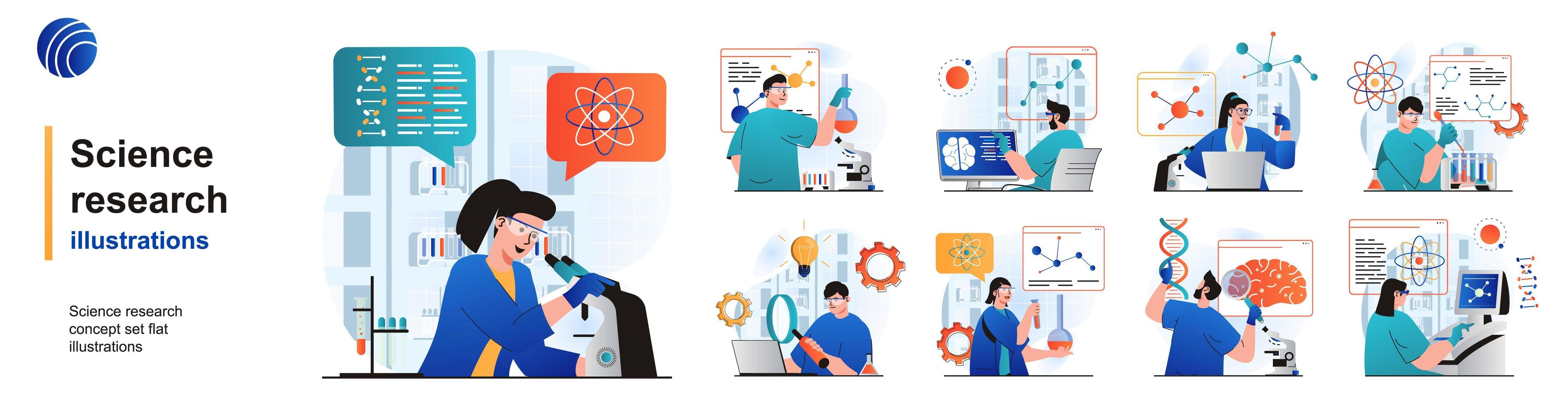 Science research isolated set. Scientists make tests on laboratory equipment. People collection of scenes in flat design. Vector illustration for blogging, website, mobile app, promotional materials.