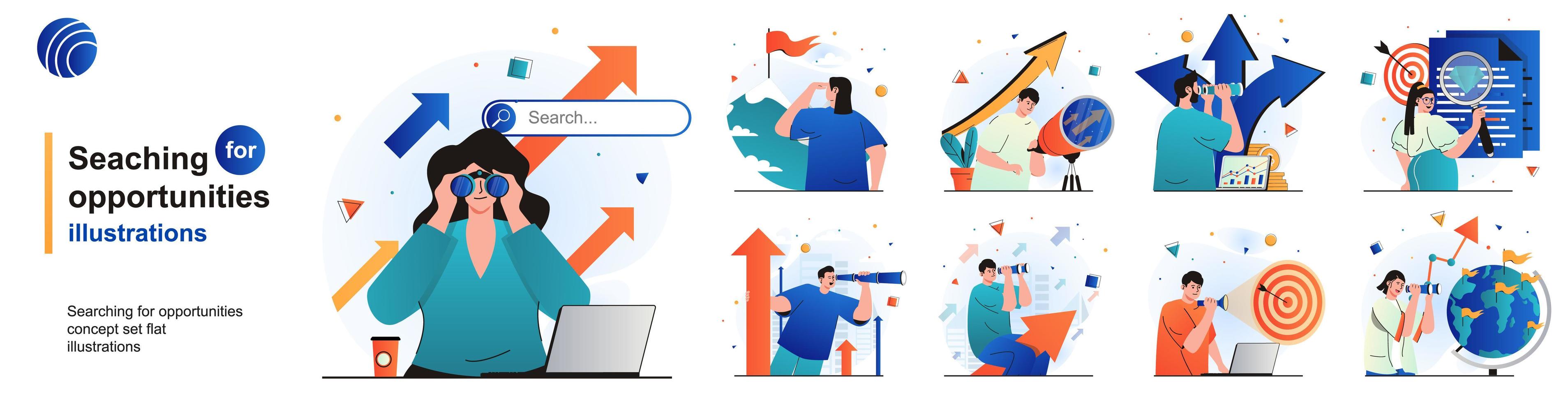 Searching for opportunities isolated set. Human resources and HR management. People collection of scenes in flat design. Vector illustration for blogging, website, mobile app, promotional materials.