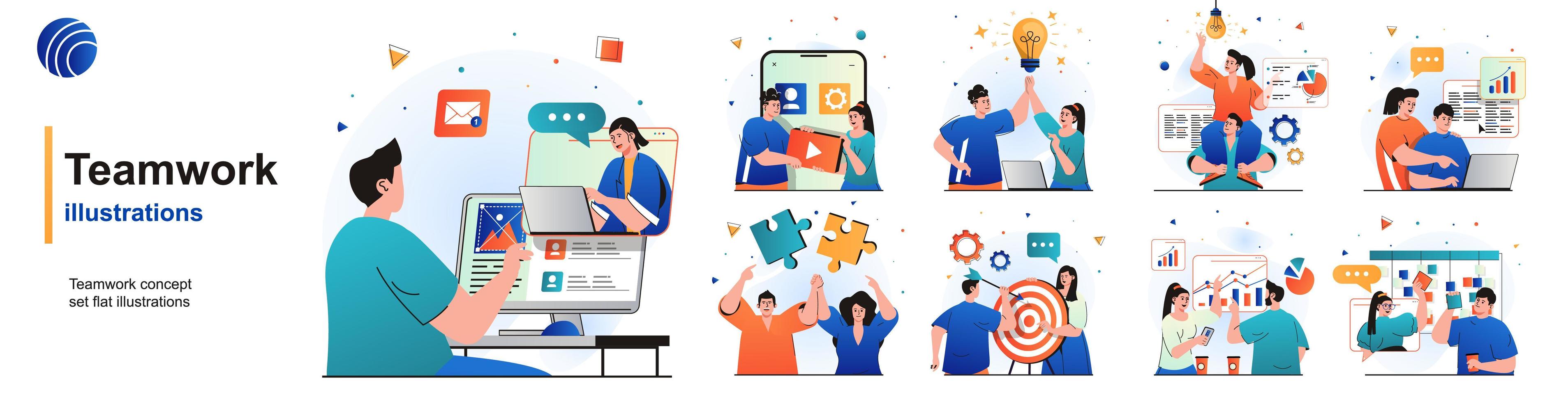 Teamwork isolated set. Colleagues work together, brainstorming, collaboration. People collection of scenes in flat design. Vector illustration for blogging, website, mobile app, promotional materials.