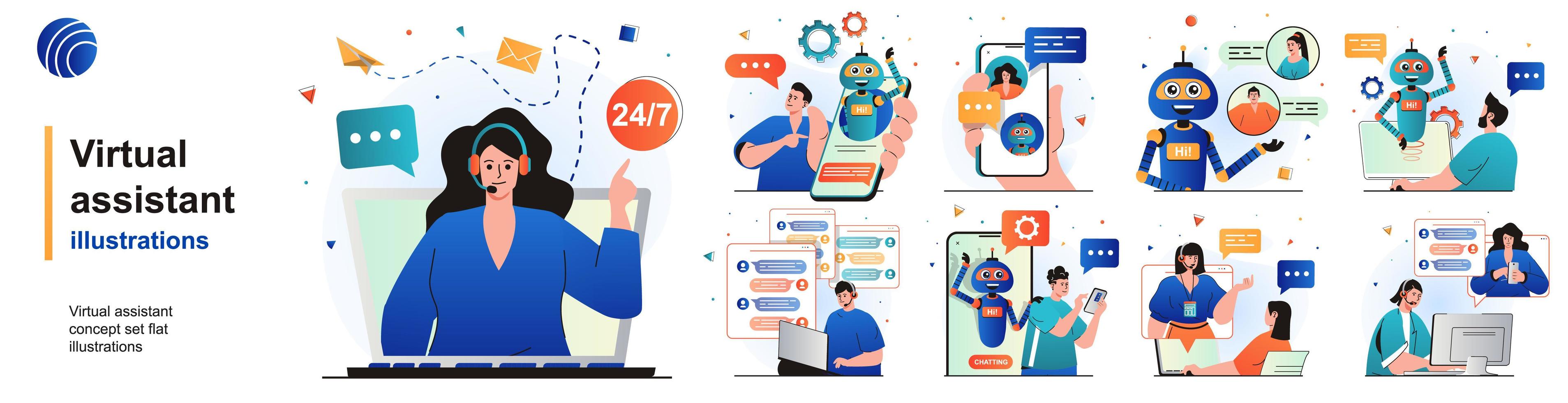 Virtual assistant isolated set. User call to hotline, online chat bot support. People collection of scenes in flat design. Vector illustration for blogging, website, mobile app, promotional materials.