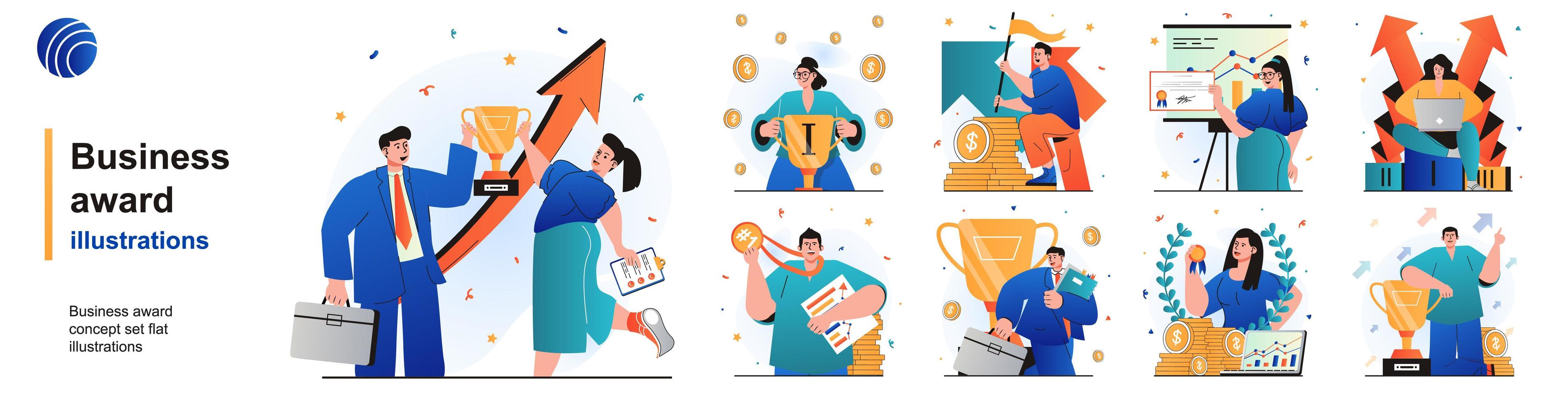 Business award isolated set. Businessman and businesswoman celebrate victory. People collection of scenes in flat design. Vector illustration for blogging, website, mobile app, promotional materials.