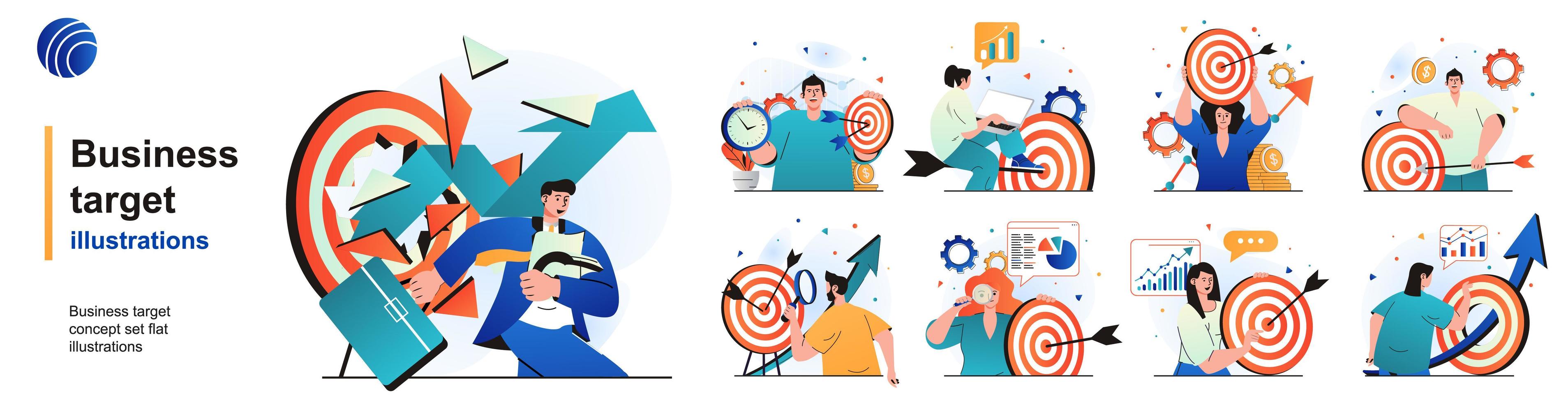 Business target isolated set. Goals achievement, success strategy in career. People collection of scenes in flat design. Vector illustration for blogging, website, mobile app, promotional materials.