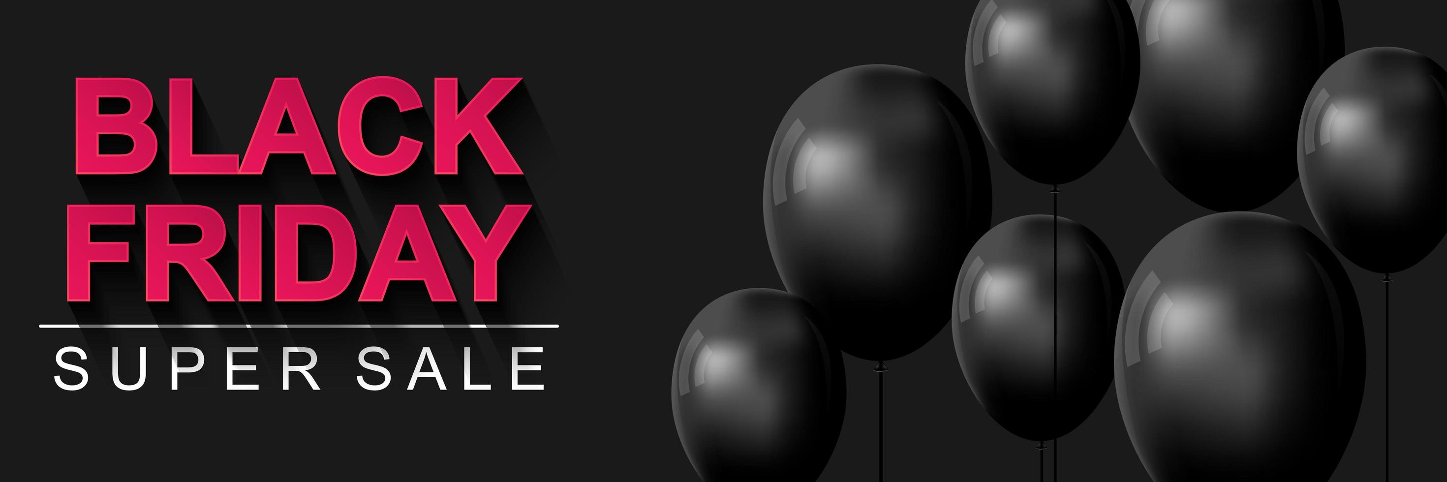 Black Friday super sale banner. Seasonal sale discount prices horizontal poster with black balloons on dark background in minimal style. Vector illustration with realistic elements for header website