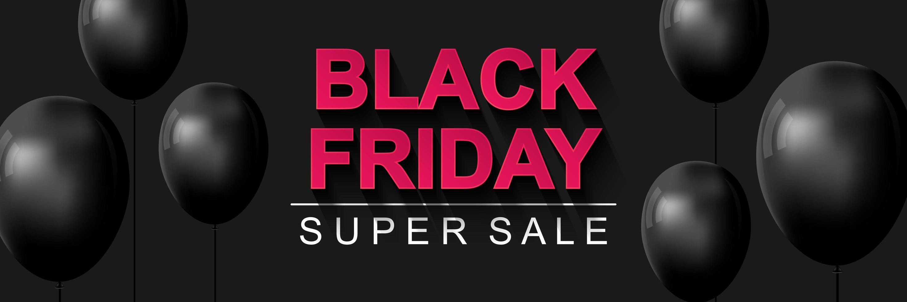 Black Friday super sale banner. Horizontal poster with black balloons on dark background in minimal style. Shopping sale discount prices. Vector illustration with realistic elements for header website