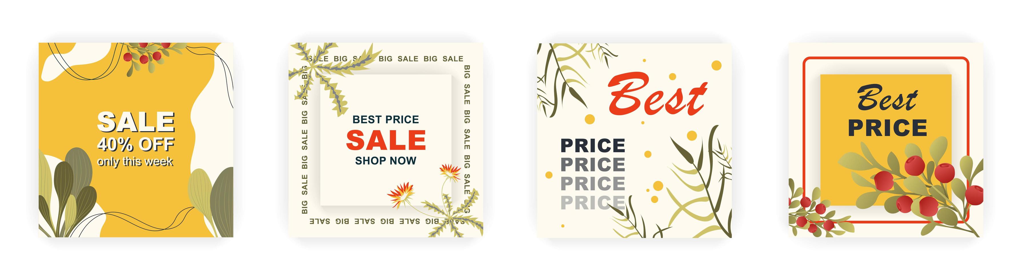 Modern autumn square sale poster templates with floral and geometric pattern. Suitable for social media posts, poster, mobile apps, banners design and web ads, vector backgrounds, promotion materials.