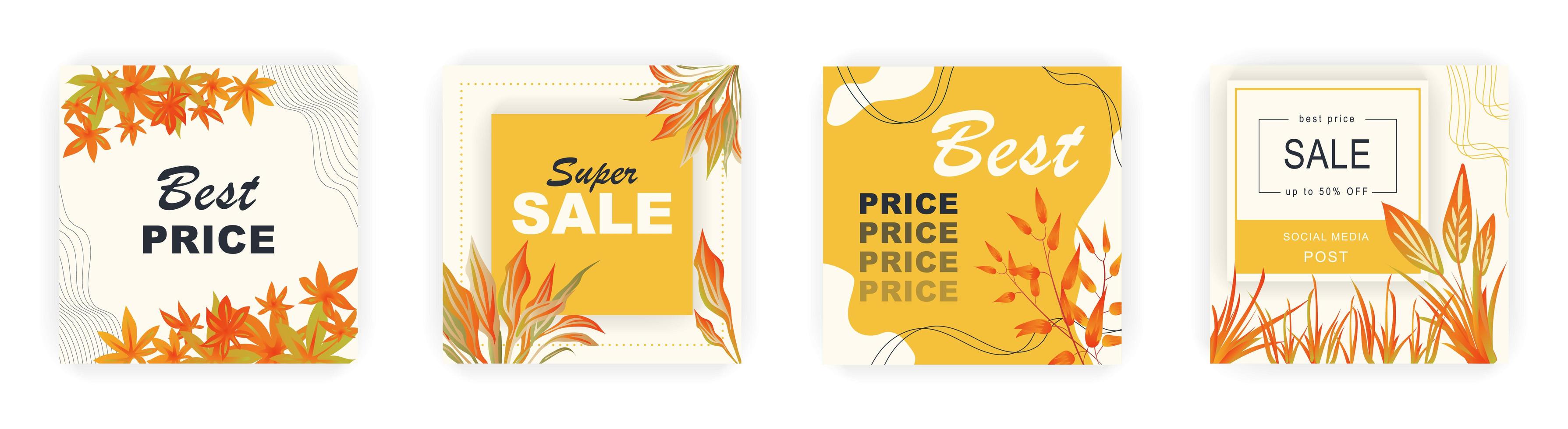 Modern autumn square sale poster templates with floral and geometric pattern. Suitable for social media posts, poster, mobile apps, banners design and web ads, vector backgrounds, promotion materials.