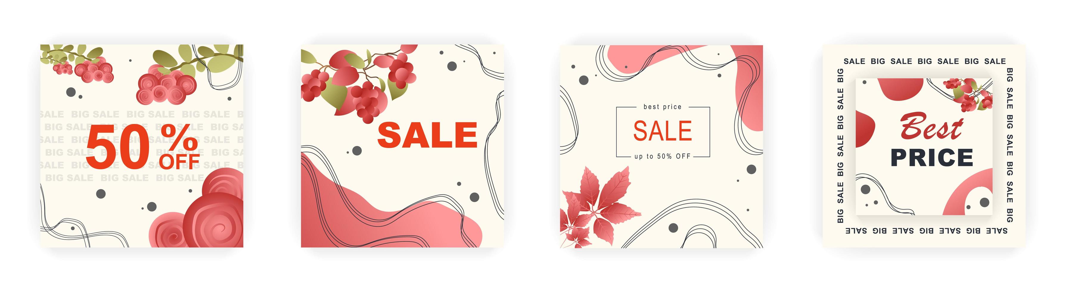 Modern autumn square sale poster templates with floral and geometric pattern. Suitable for social media posts, poster, mobile apps, banners design and web ads, vector backgrounds, promotion materials.