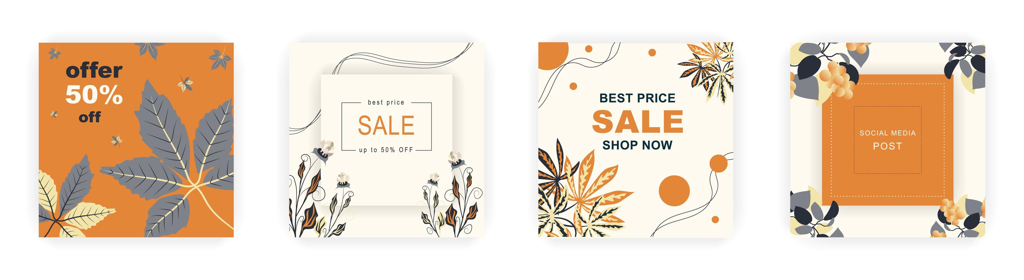 Modern autumn square sale poster templates with floral and geometric pattern. Suitable for social media posts, poster, mobile apps, banners design and web ads, vector backgrounds, promotion materials.