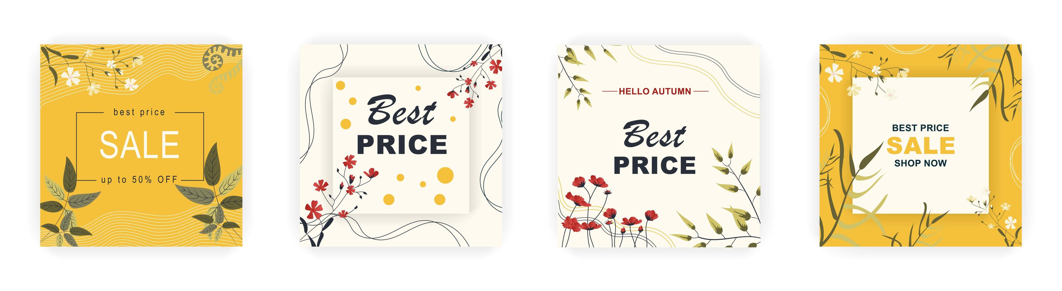 Modern autumn square sale poster templates with floral and geometric pattern. Suitable for social media posts, poster, mobile apps, banners design and web ads, vector backgrounds, promotion materials.