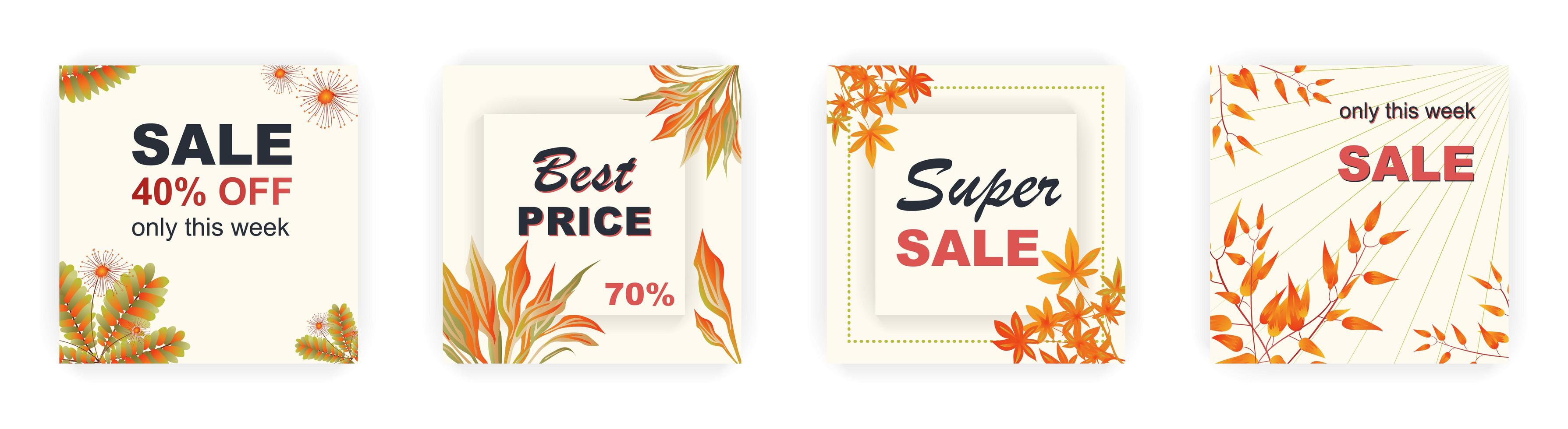 Modern autumn square sale poster templates with floral and geometric pattern. Suitable for social media posts, poster, mobile apps, banners design and web ads, vector backgrounds, promotion materials.