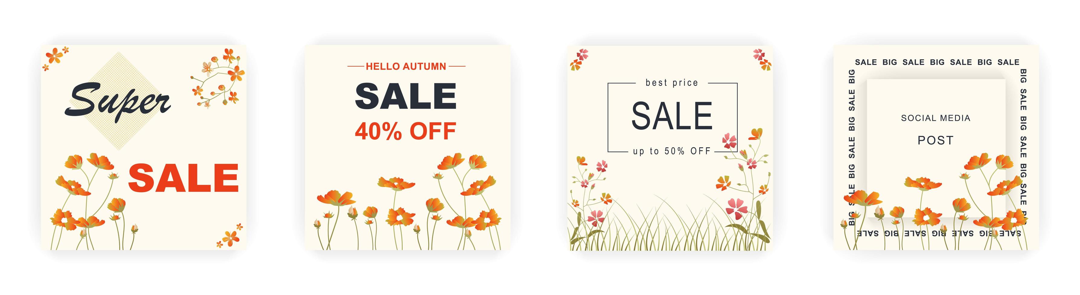 Modern autumn square sale poster templates with floral and geometric pattern. Suitable for social media posts, poster, mobile apps, banners design and web ads, vector backgrounds, promotion materials.