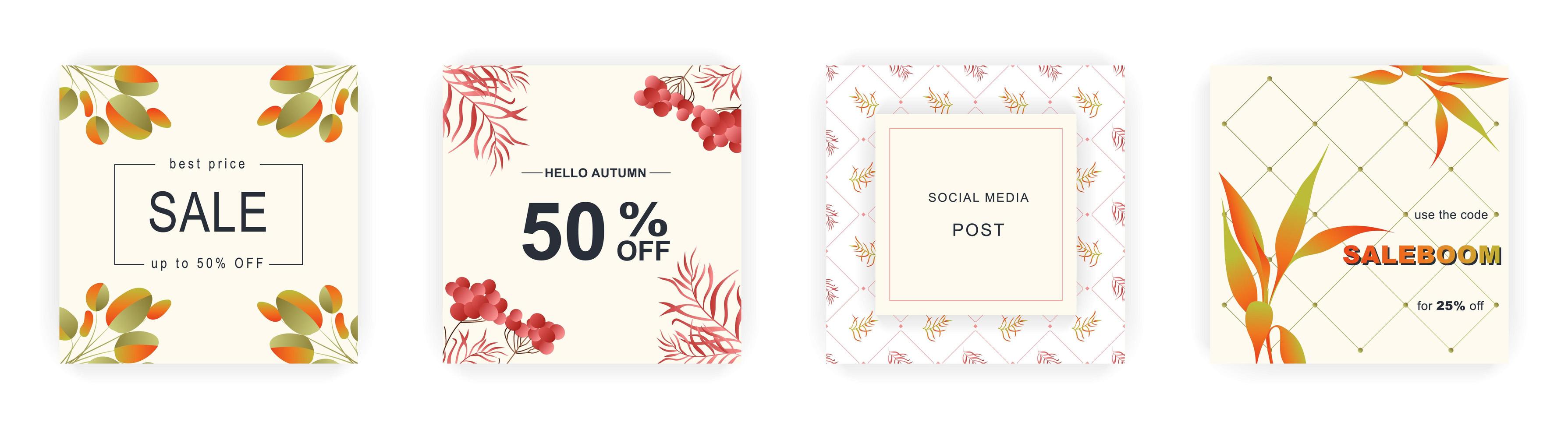 Modern autumn square sale poster templates with floral and geometric pattern. Suitable for social media posts, poster, mobile apps, banners design and web ads, vector backgrounds, promotion materials.