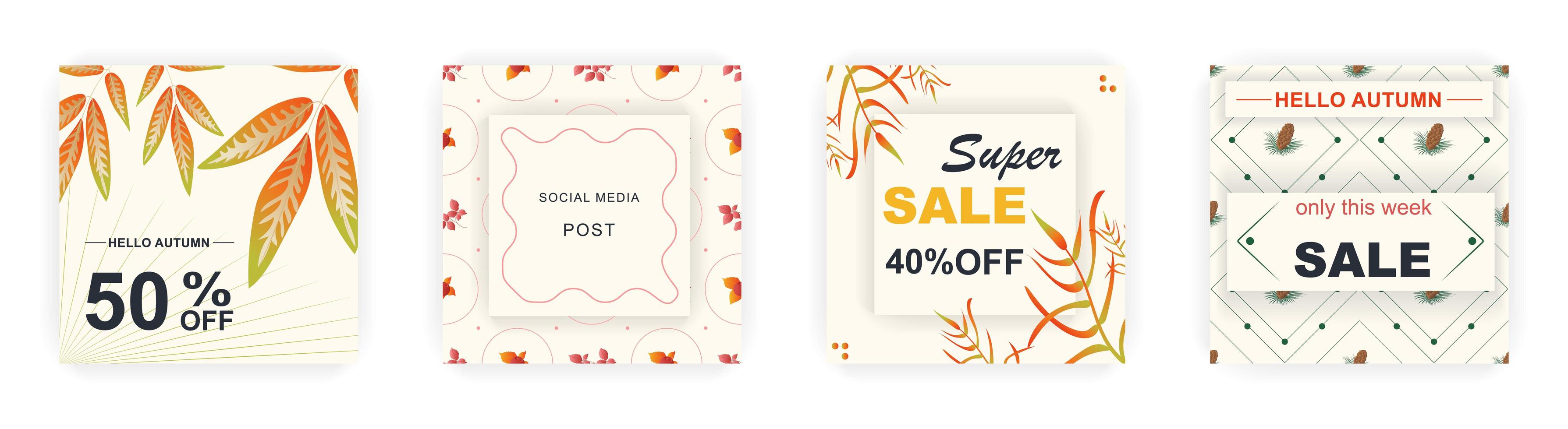 Modern autumn square sale poster templates with floral and geometric pattern. Suitable for social media posts, poster, mobile apps, banners design and web ads, vector backgrounds, promotion materials.