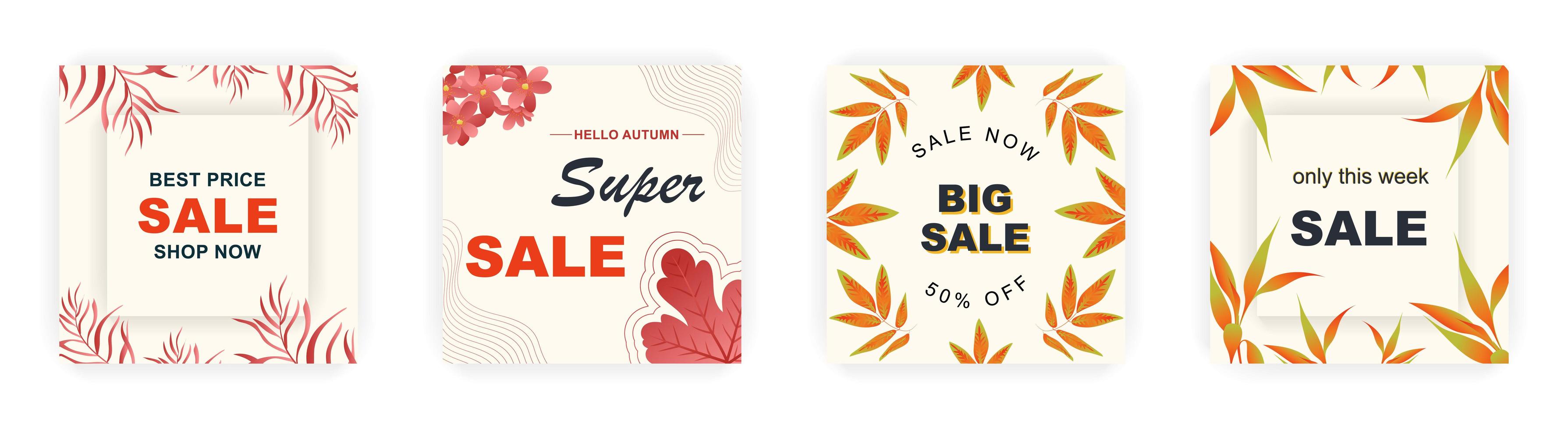 Modern autumn square sale poster templates with floral and geometric pattern. Suitable for social media posts, poster, mobile apps, banners design and web ads, vector backgrounds, promotion materials.