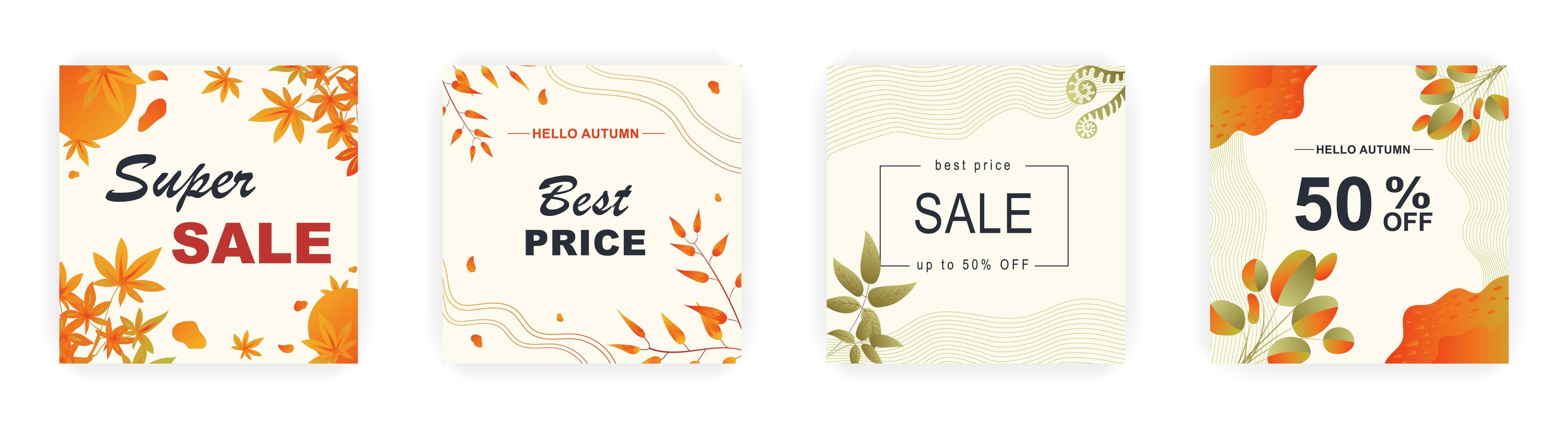 Modern autumn square sale poster templates with floral and geometric pattern. Suitable for social media posts, poster, mobile apps, banners design and web ads, vector backgrounds, promotion materials.