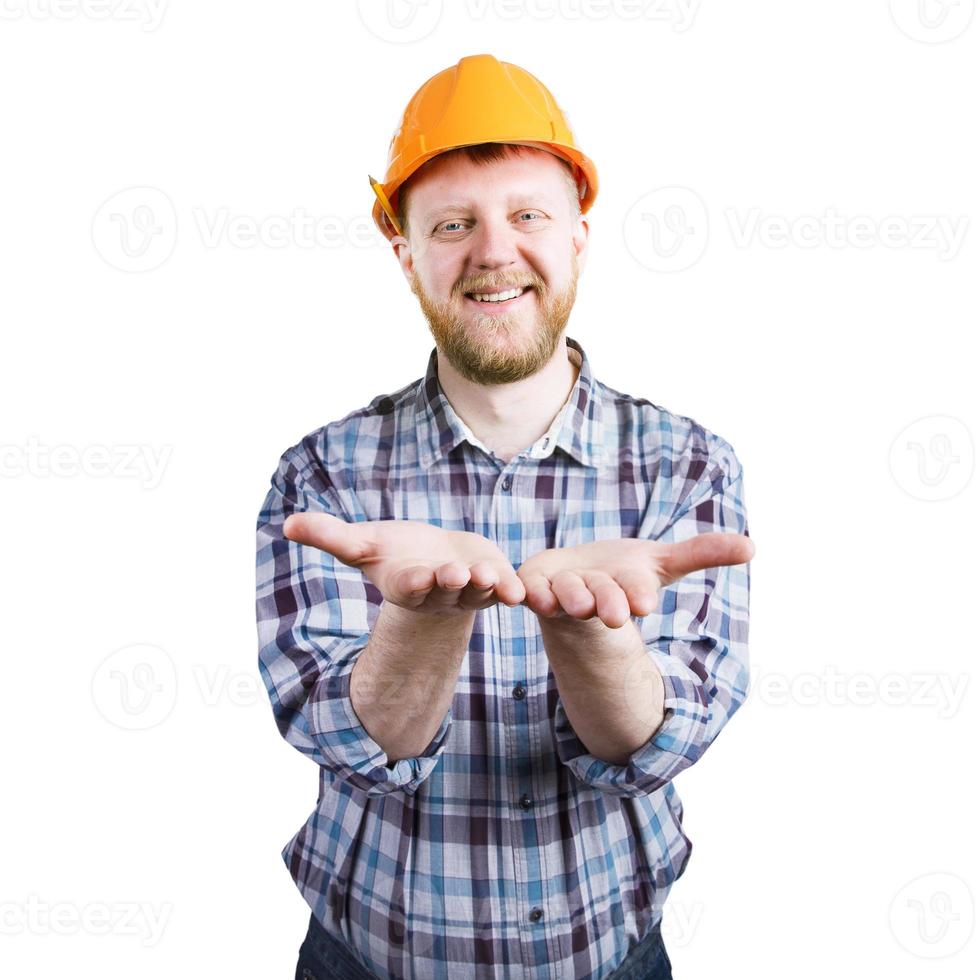 Bearded man in a helmet stretched palm photo