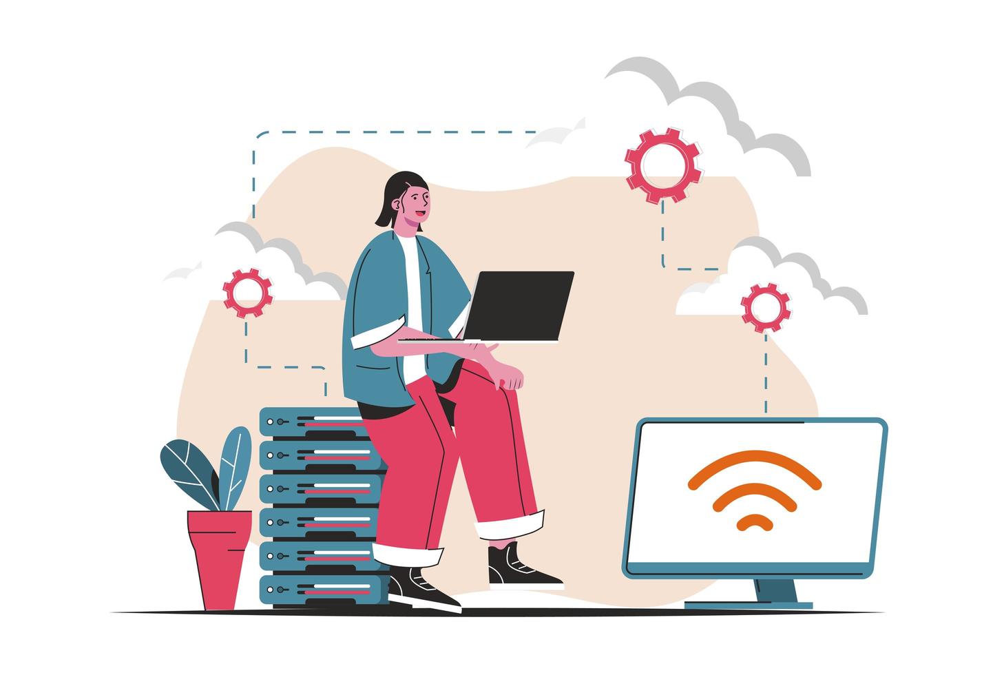 Cloud computing concept isolated. Wireless cloud technology, storage, connection. People scene in flat cartoon design. Vector illustration for blogging, website, mobile app, promotional materials.