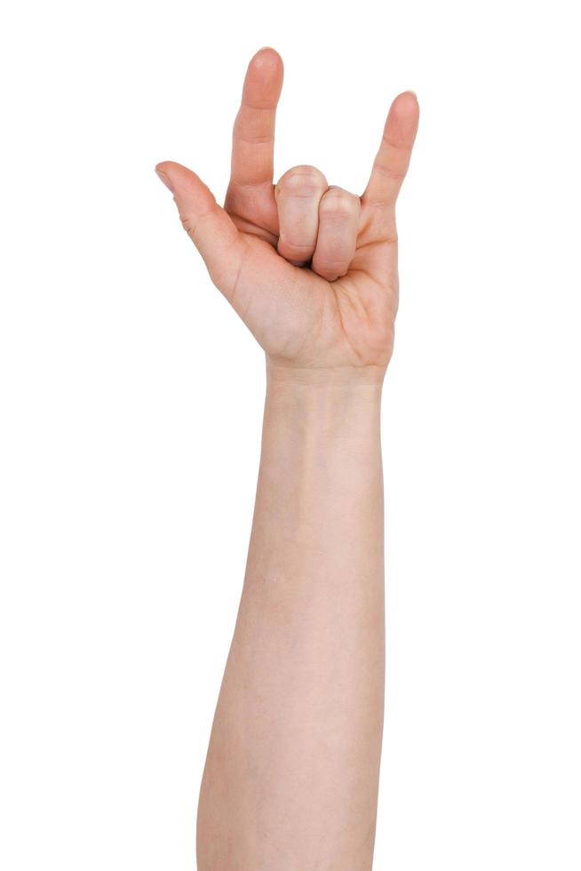 Human hand with two raised fingers photo