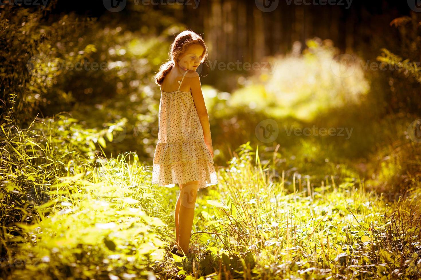 The little girl is in a forest photo