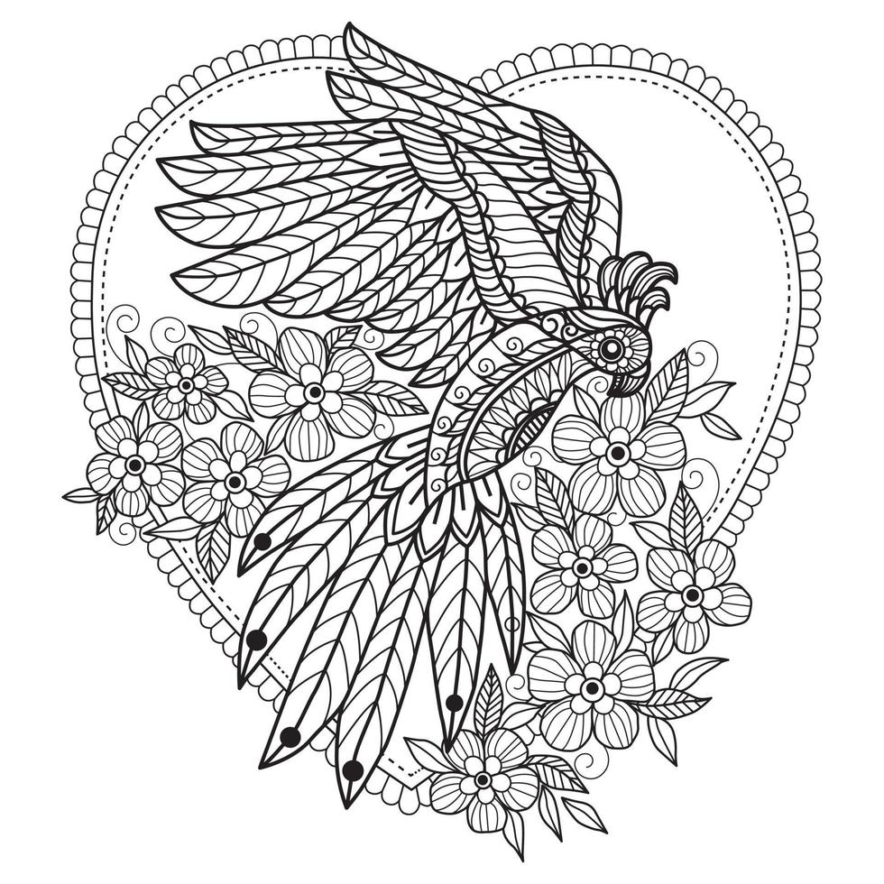 Bird and heart hand drawn for adult coloring book vector