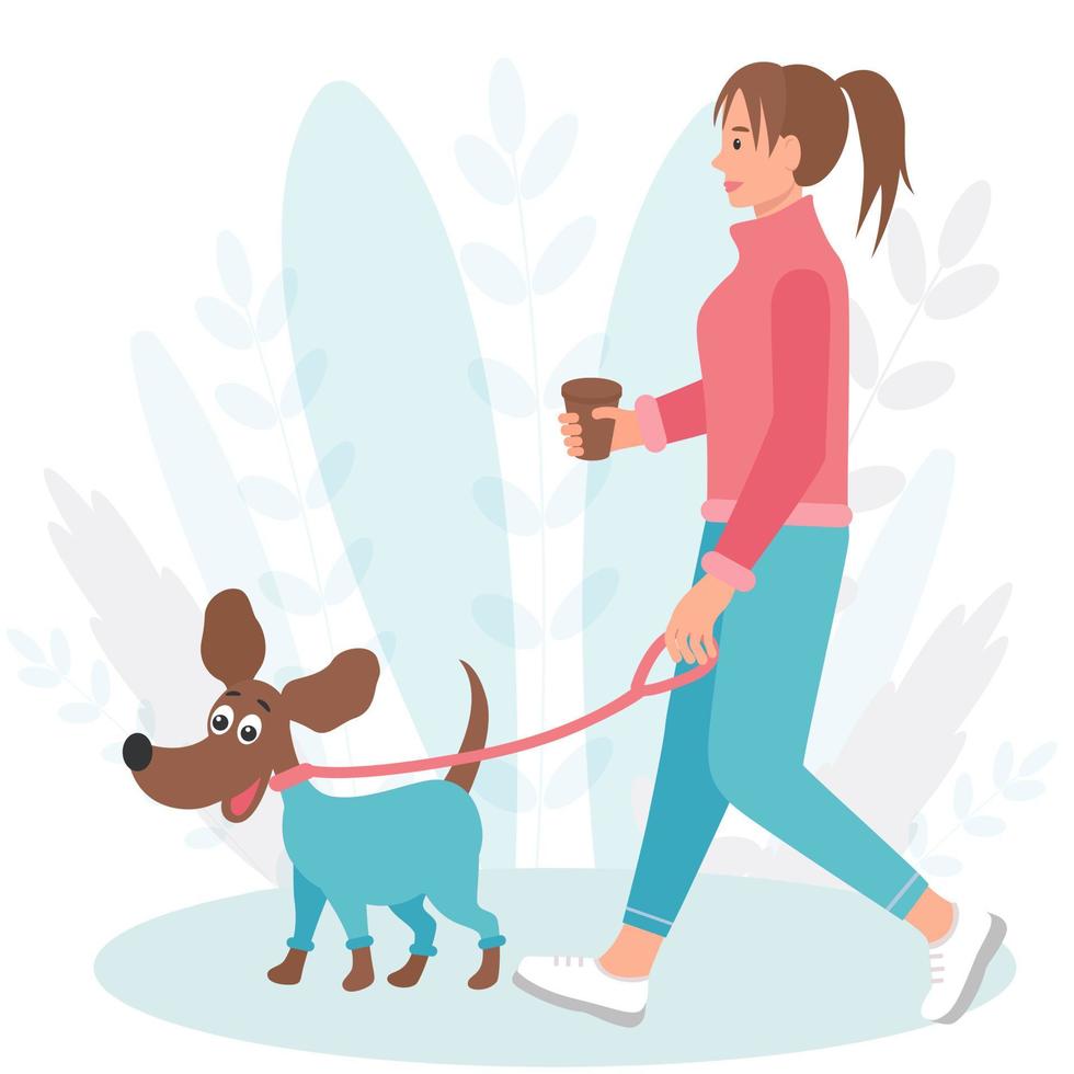 perro en un paseo con una niña vector ilustración plana