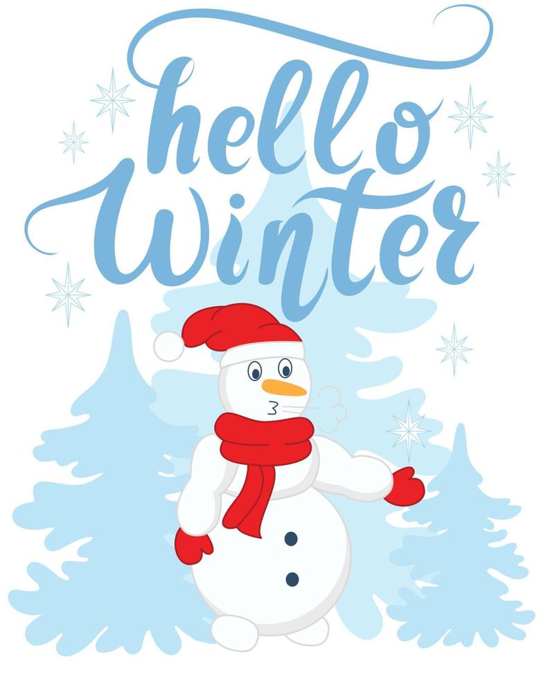 Hello winter greeting card with snowman and hand lettering vector