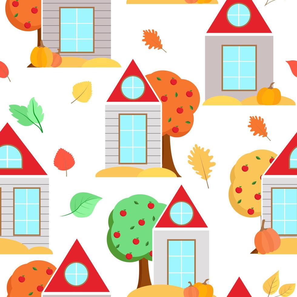 casas con hojas de árboles otoñales y calabazas. vector