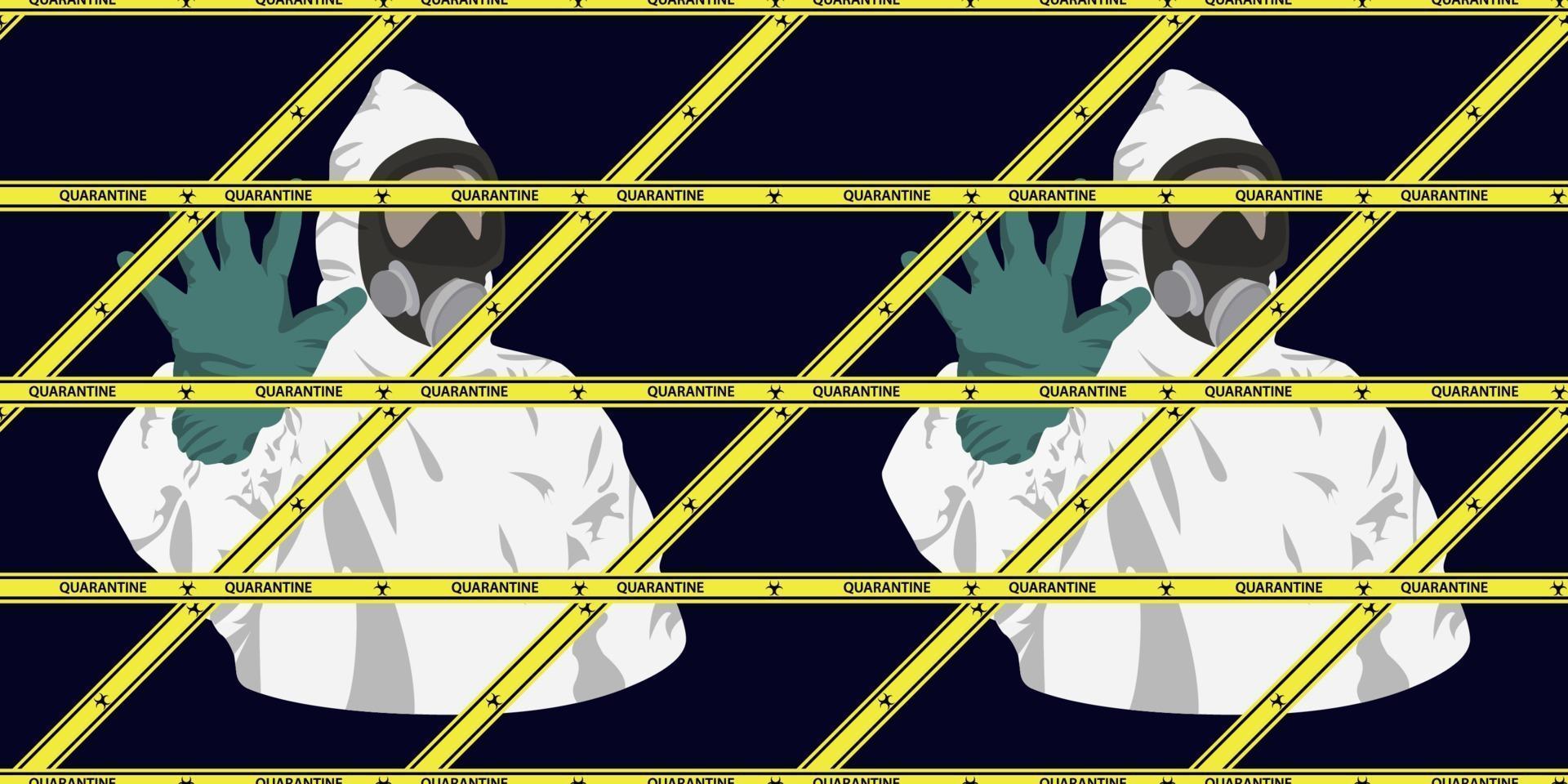 Seamless pattern of Man in protective white hazmat suit and protection masks to prevent epidemic with hand raised stop concept. white hazmat. vector