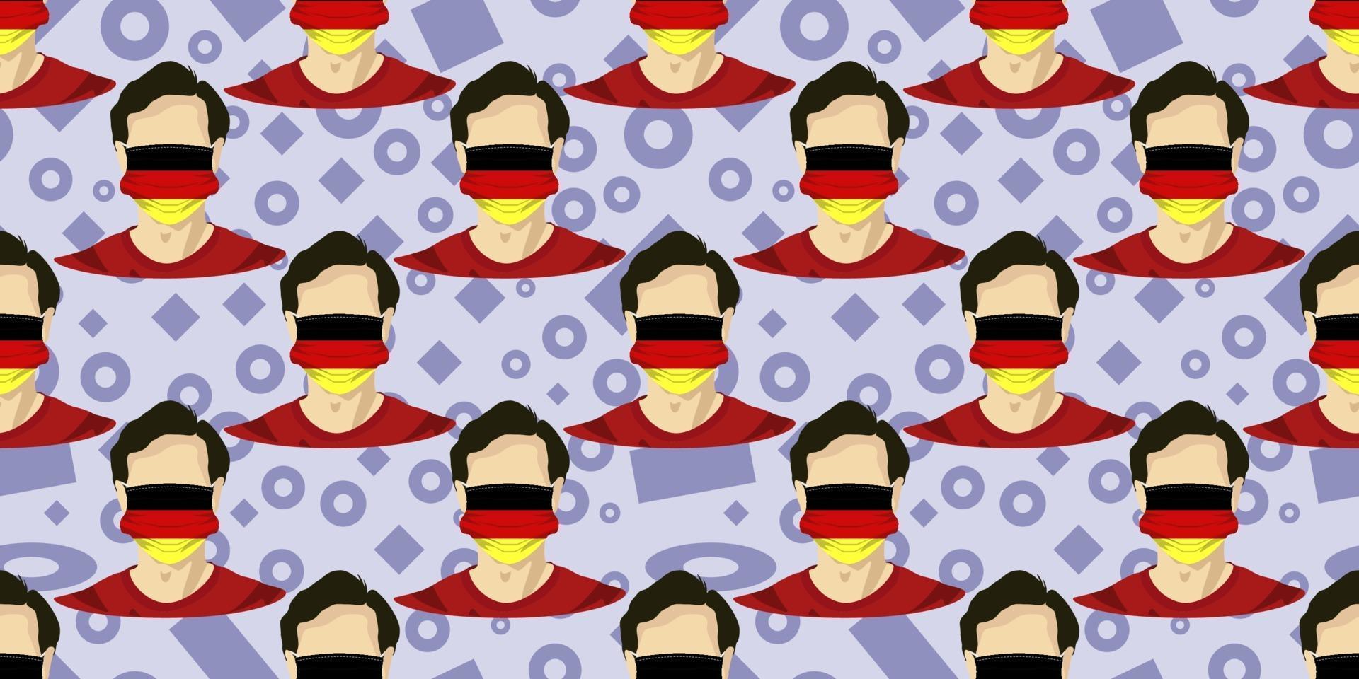 Seamless pattern of image man wearing Germany flags surgical mask to prevent diseases isolated on light blue background. Good for template background, banner, poster, etc. Vector eps10.