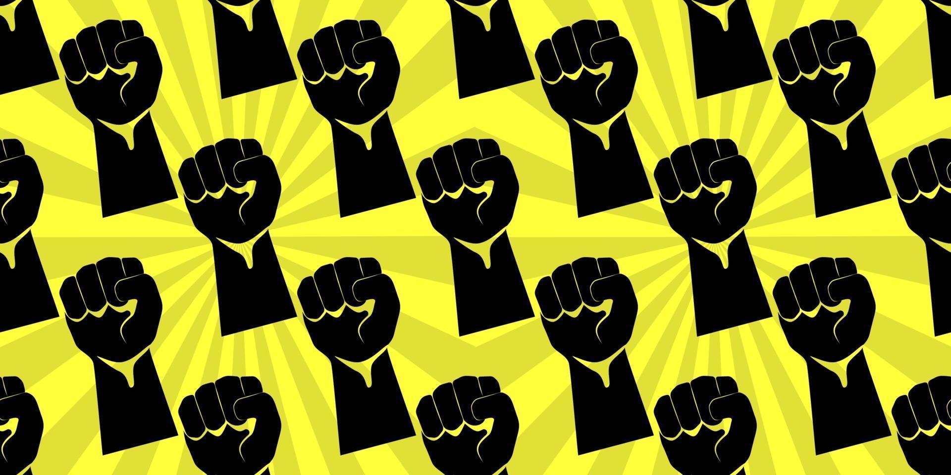 Seamless pattern of black silhouette rised fist in the air isolated on yellow background. vector