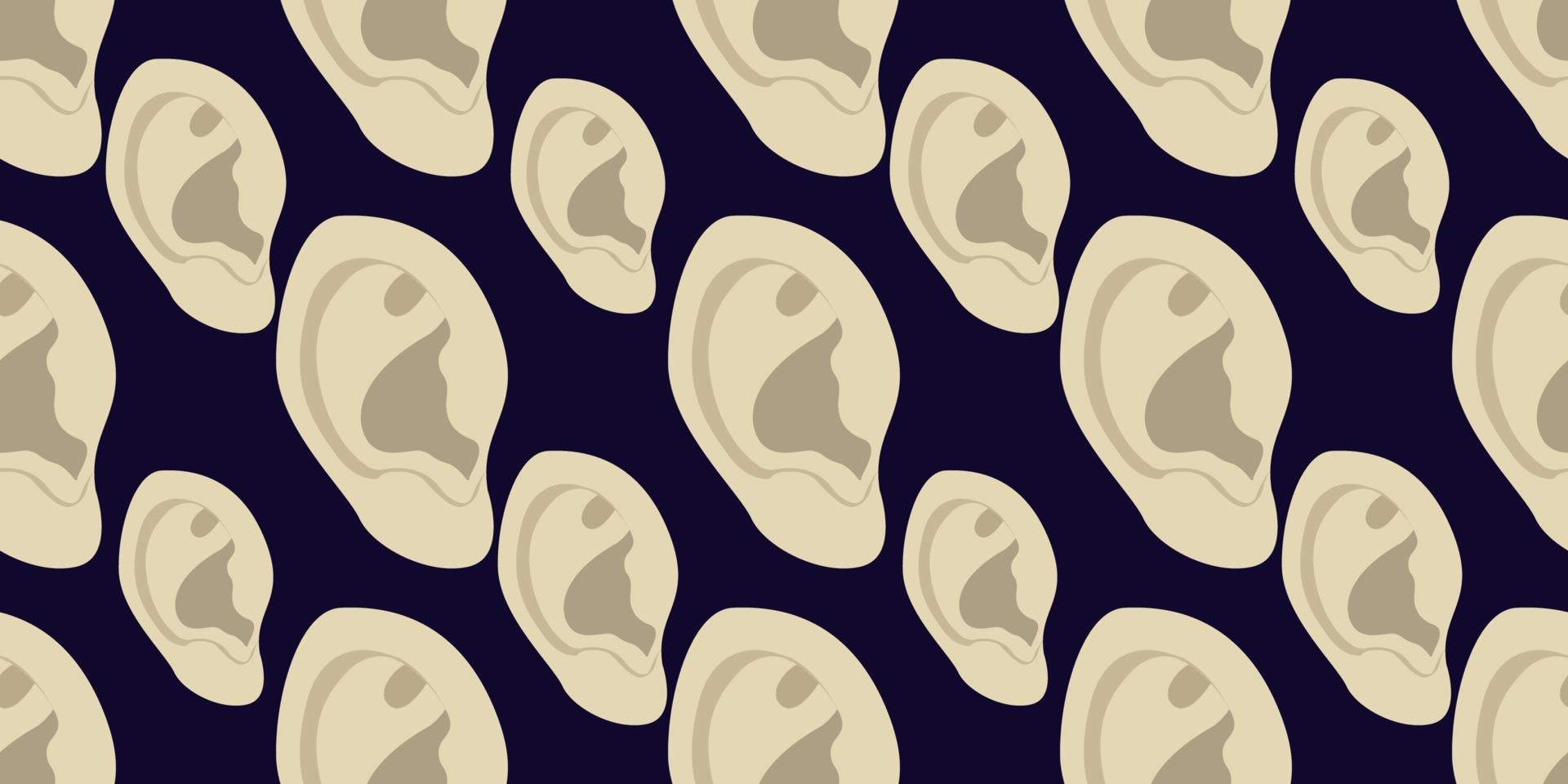 Seamless vector pattern of flat design human ear isolated on dark background.