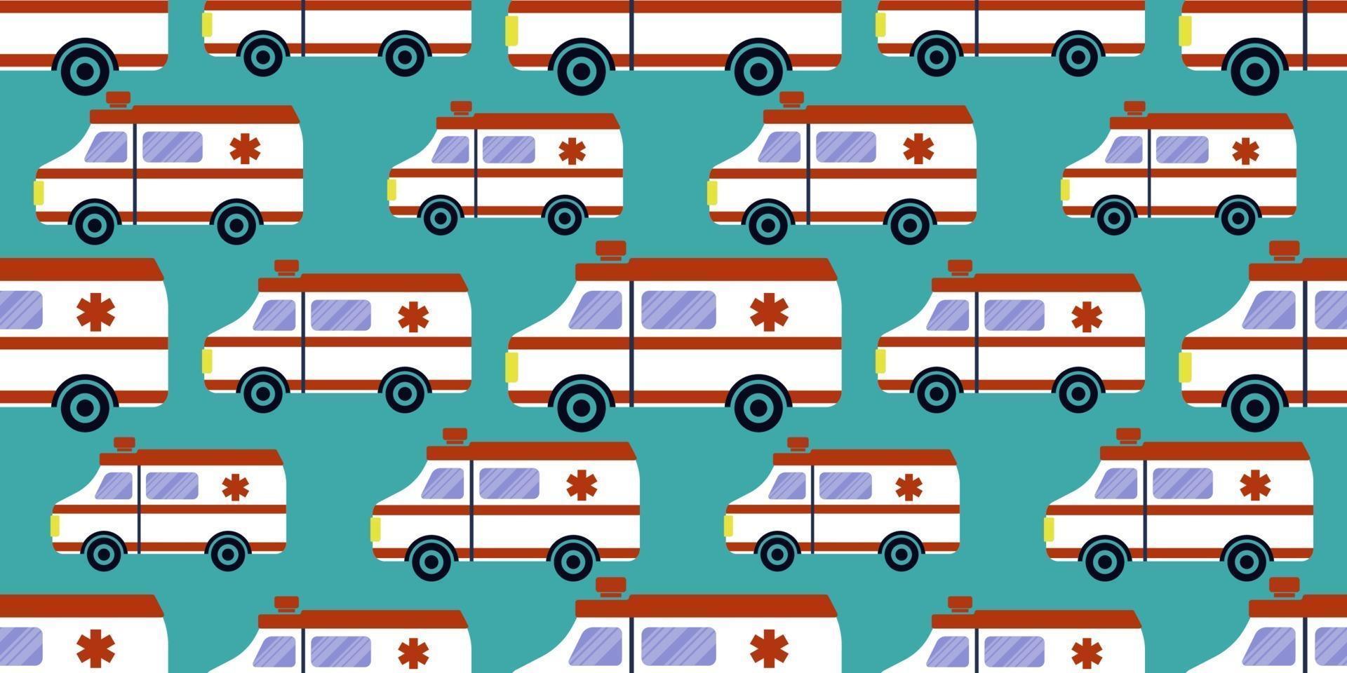 Seamless vector pattern of ambulance car isolated on grey background. illustration of medical van. Ambulance auto paramedic emergency. illustration for pharmaceutical industry.
