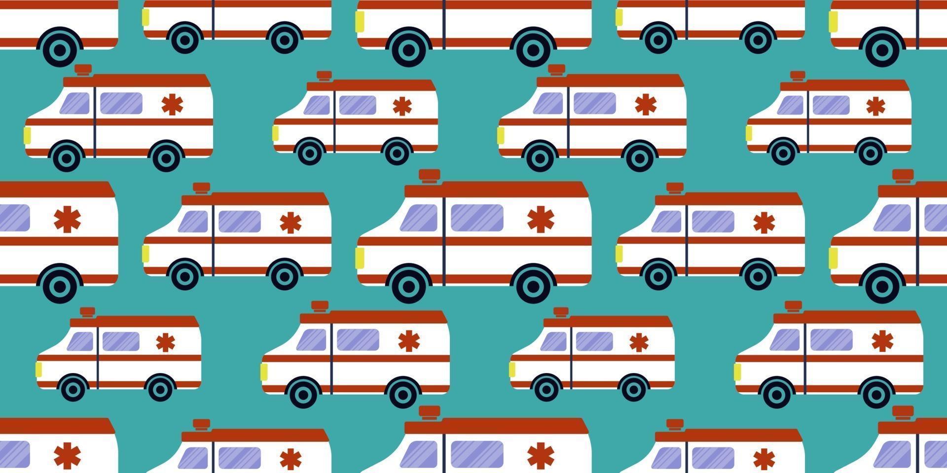 Seamless vector pattern of ambulance car isolated on grey background. illustration of medical van. Ambulance auto paramedic emergency. illustration for pharmaceutical industry.
