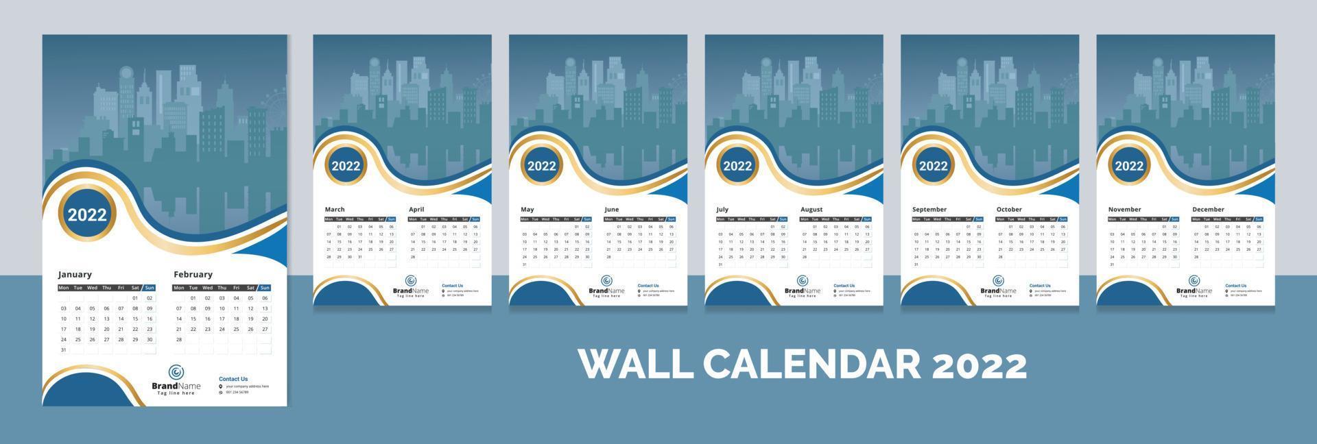 Creative corporate 12 months wall calendar 2022, week calendar, calendar layout template design vector