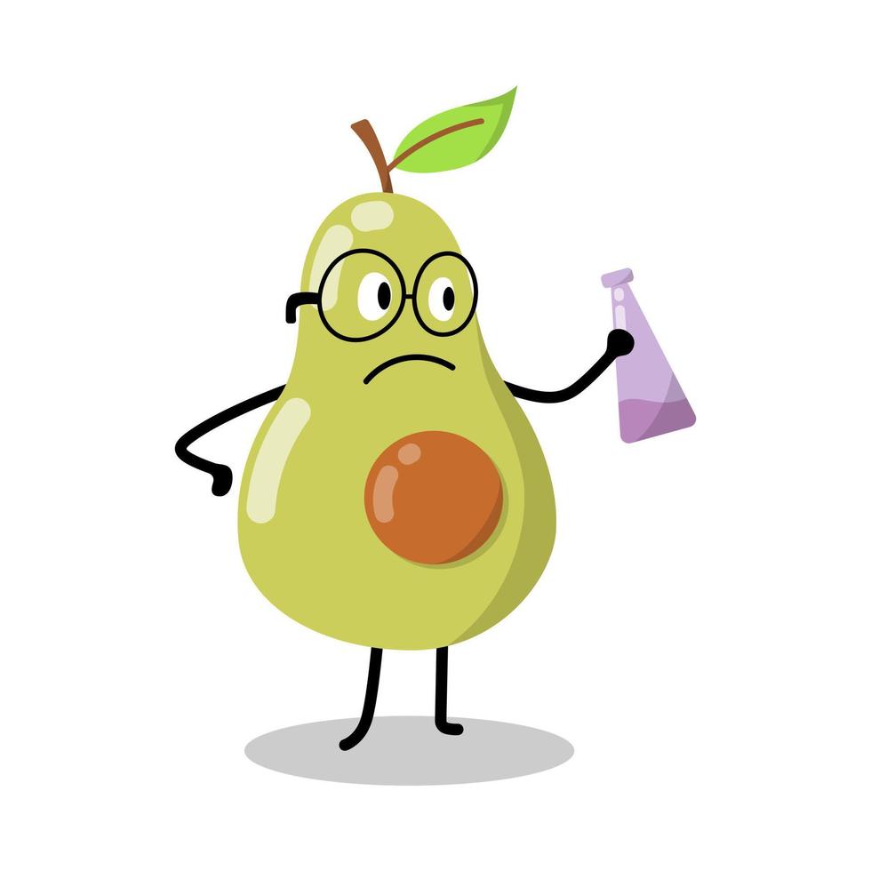 lindo personaje de aguacate sosteniendo una ilustración de botella de laboratorio vector