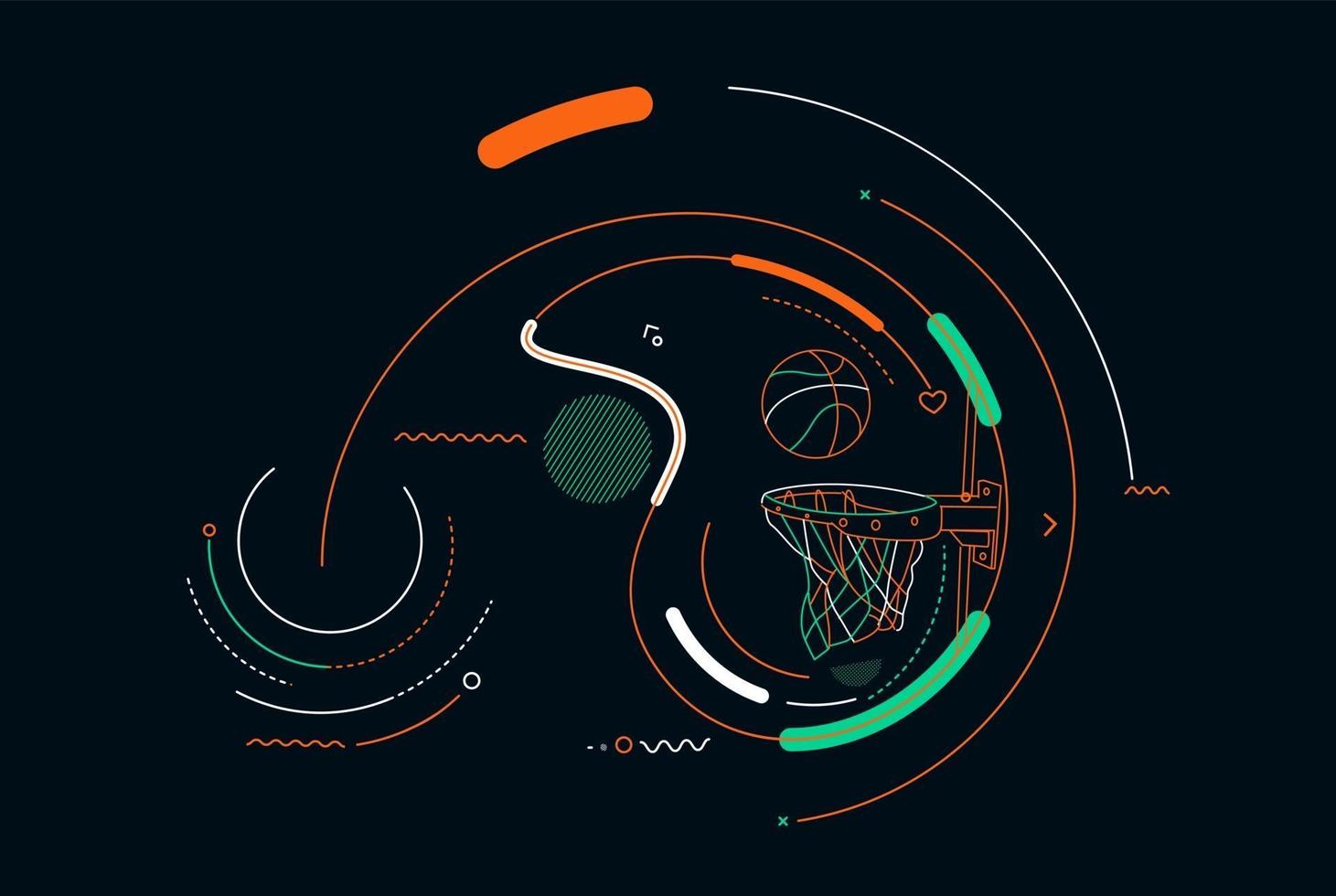 Basketball basket shot, hoop, game, Colorful Line art vector illustration.